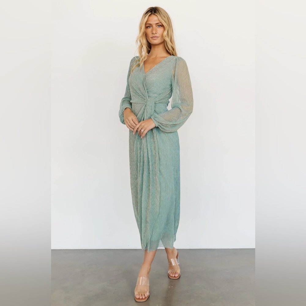 Devlyn Pleated Dress from Baltic Born, Blue Sage Shimmer, Size XL -Brand New